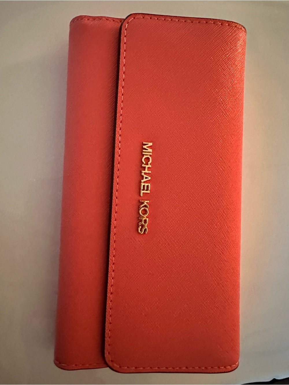 Michael Kors Coral-Red Saffiano Long Wallet with Gold Logo